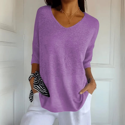 Women's relaxed-fit lightweight knit top with V-neck and 3/4-sleeves – Purple