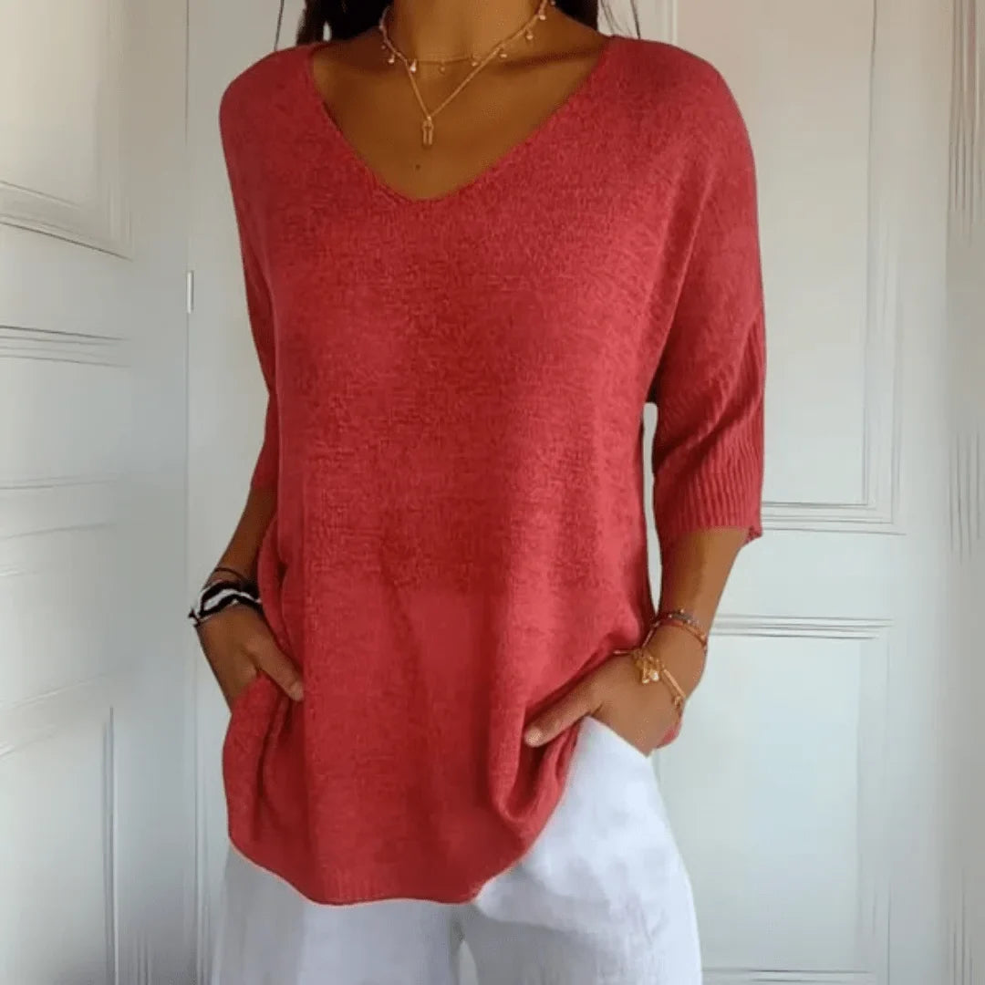 Women's relaxed-fit lightweight knit top with V-neck and 3/4-sleeves – Red