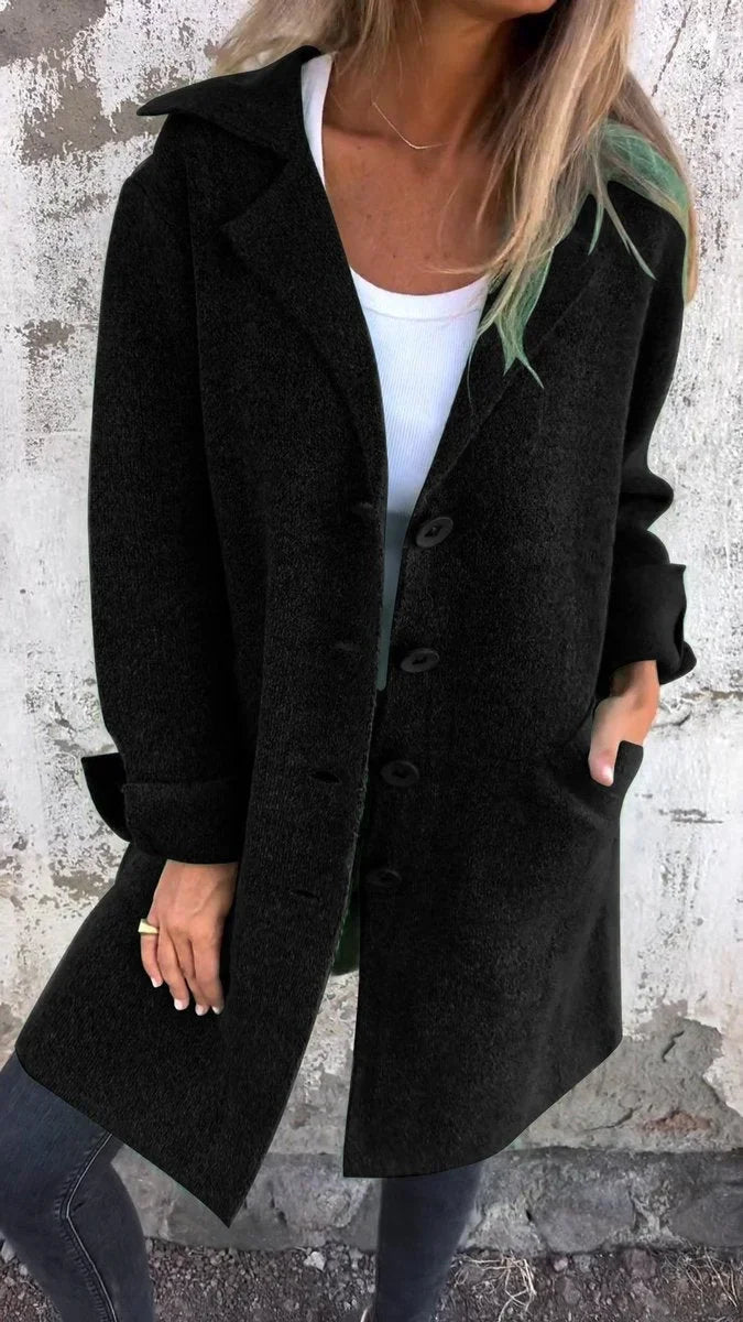 Women's relaxed-fit long button-front lapel coat – Black