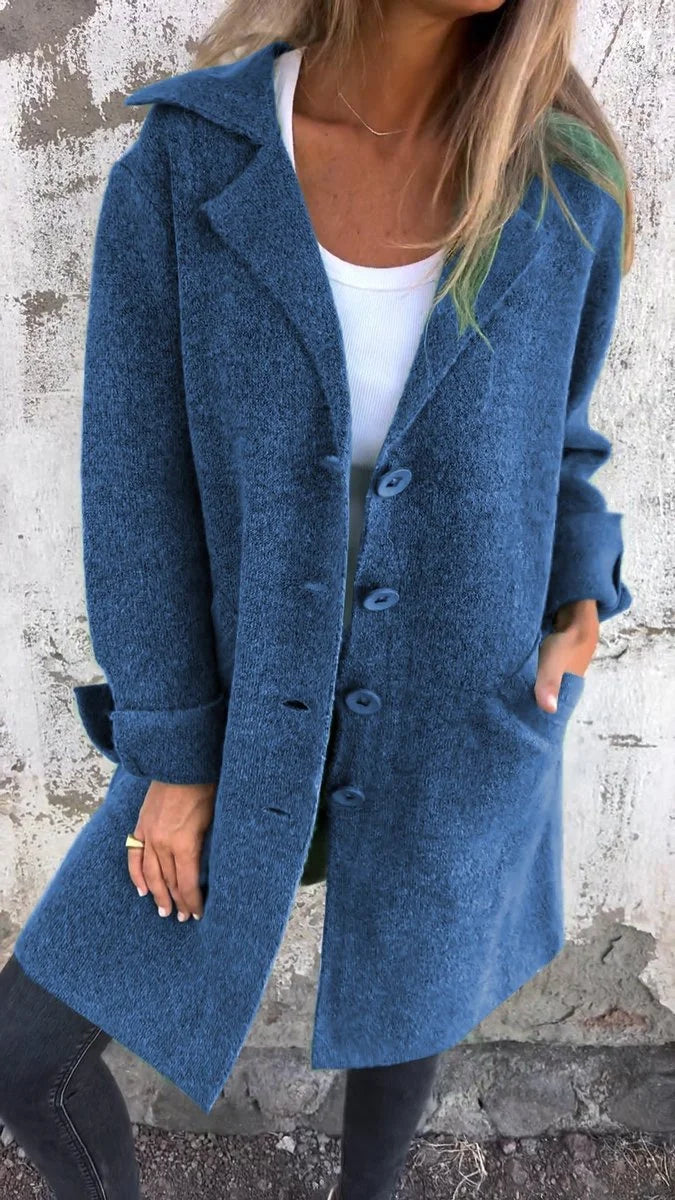 Women's relaxed-fit long button-front lapel coat – Blue