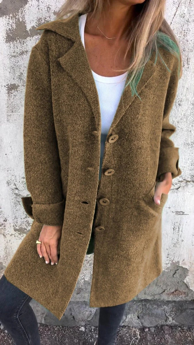 Women's relaxed-fit long button-front lapel coat – Brown