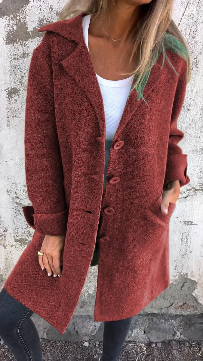 Women's relaxed-fit long button-front lapel coat – Red