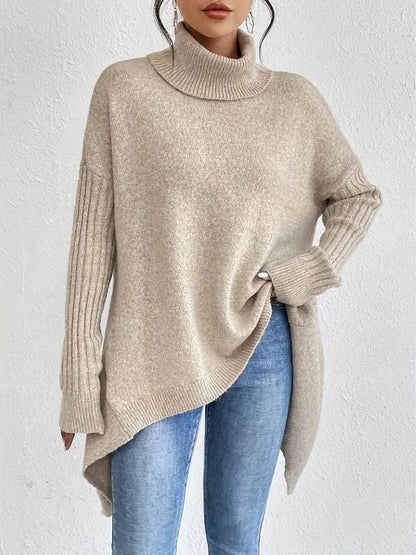 Women's relaxed-fit long sleeve knit sweater with cowl-neck and asymmetric hem