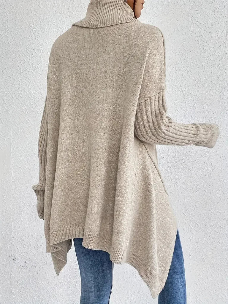 Women's relaxed-fit long sleeve knit sweater with cowl-neck and asymmetric hem