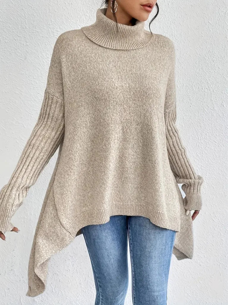 Women's relaxed-fit long sleeve knit sweater with cowl-neck and asymmetric hem