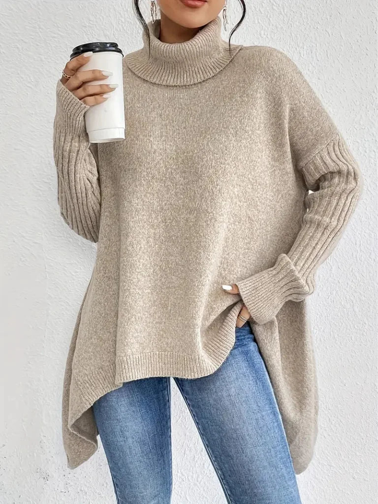 Women's relaxed-fit long sleeve knit sweater with cowl-neck and asymmetric hem