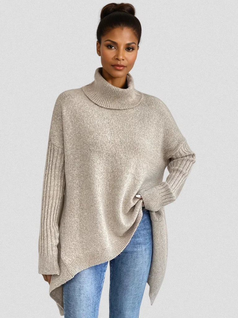 Women's relaxed-fit long sleeve knit sweater with cowl-neck and asymmetric hem – Beige