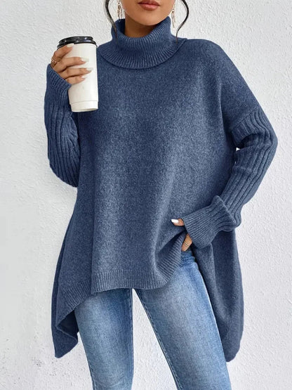 Women's relaxed-fit long sleeve knit sweater with cowl-neck and asymmetric hem – Blue