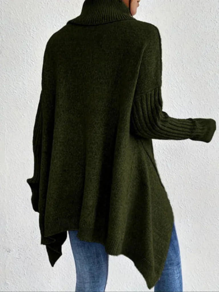 Women's relaxed-fit long sleeve knit sweater with cowl-neck and asymmetric hem