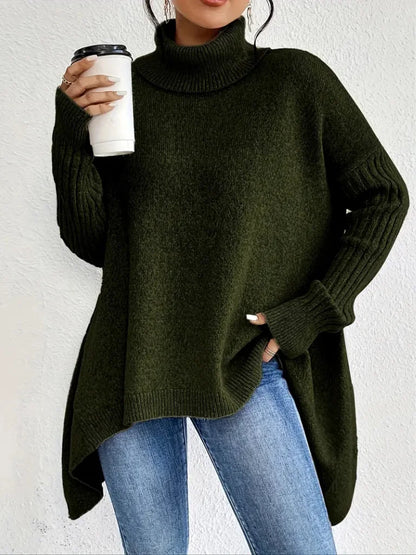 Women's relaxed-fit long sleeve knit sweater with cowl-neck and asymmetric hem – Dark Green