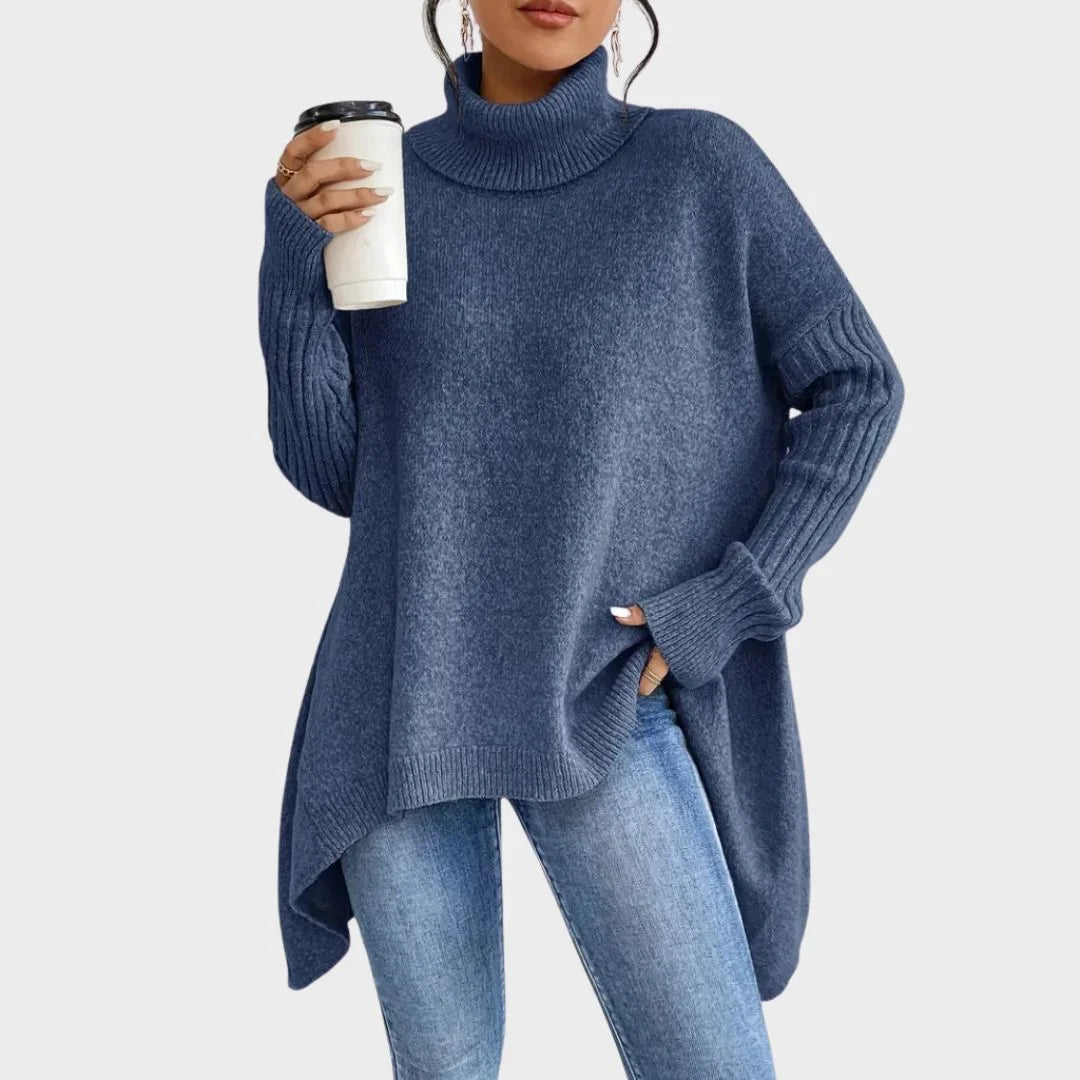Women's relaxed-fit long sleeve knit sweater with cowl-neck and asymmetric hem