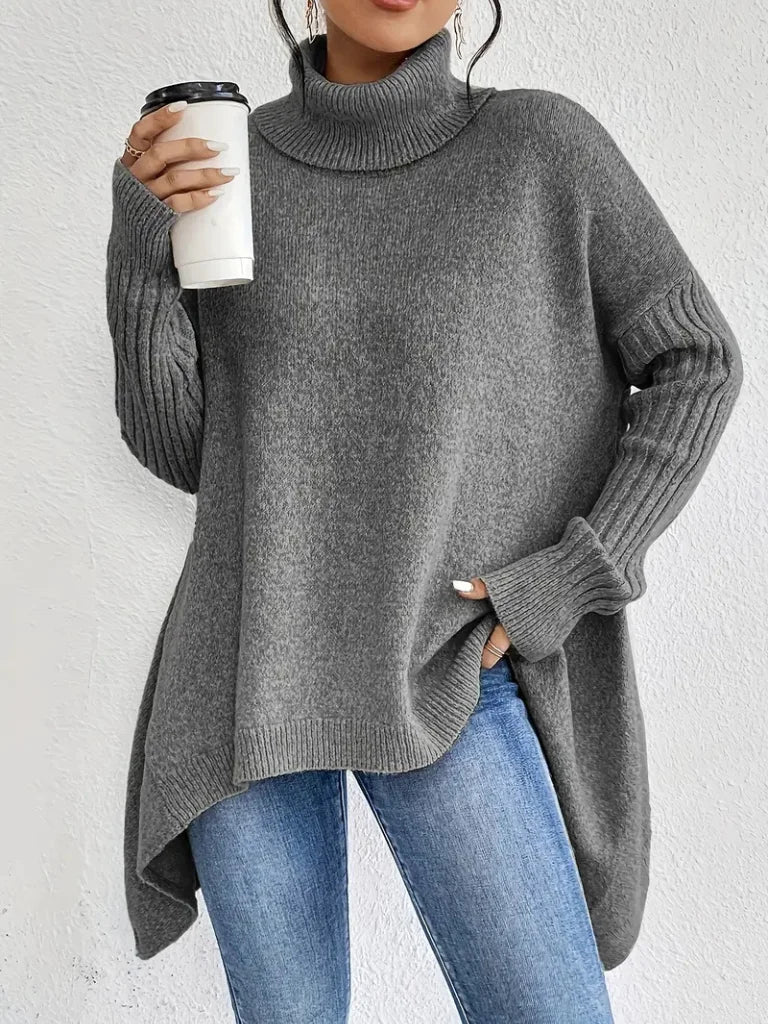Women's relaxed-fit long sleeve knit sweater with cowl-neck and asymmetric hem – Grey