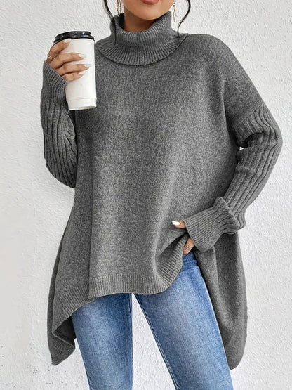Women's relaxed-fit long sleeve knit sweater with cowl-neck and asymmetric hem – Grey