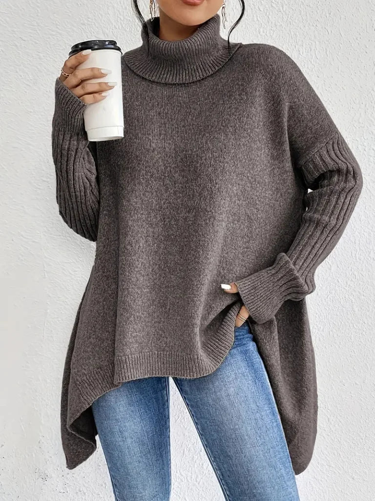 Women's relaxed-fit long sleeve knit sweater with cowl-neck and asymmetric hem – Taupe