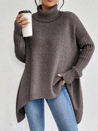 Women's relaxed-fit long sleeve knit sweater with cowl-neck and asymmetric hem – Taupe
