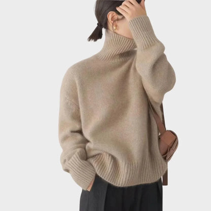 Women's relaxed-fit long-sleeve knit sweater with turtleneck and ribbed cuffs