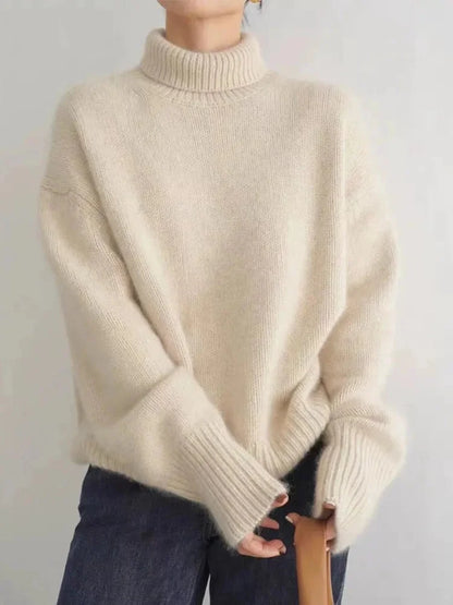 Women's relaxed-fit long-sleeve knit sweater with turtleneck and ribbed cuffs