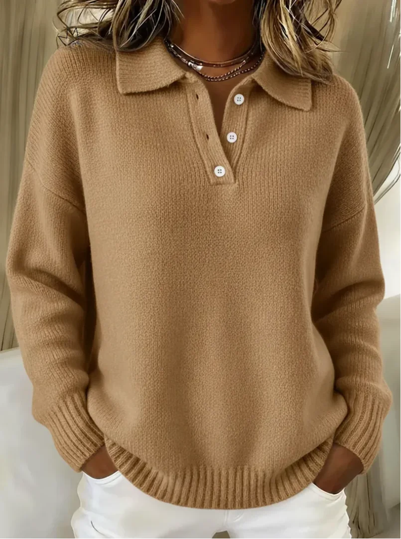 Women's relaxed-fit long-sleeve polo knit sweater with button placket – Beige