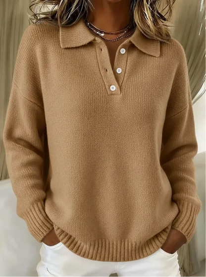Women's relaxed-fit long-sleeve polo knit sweater with button placket – Beige