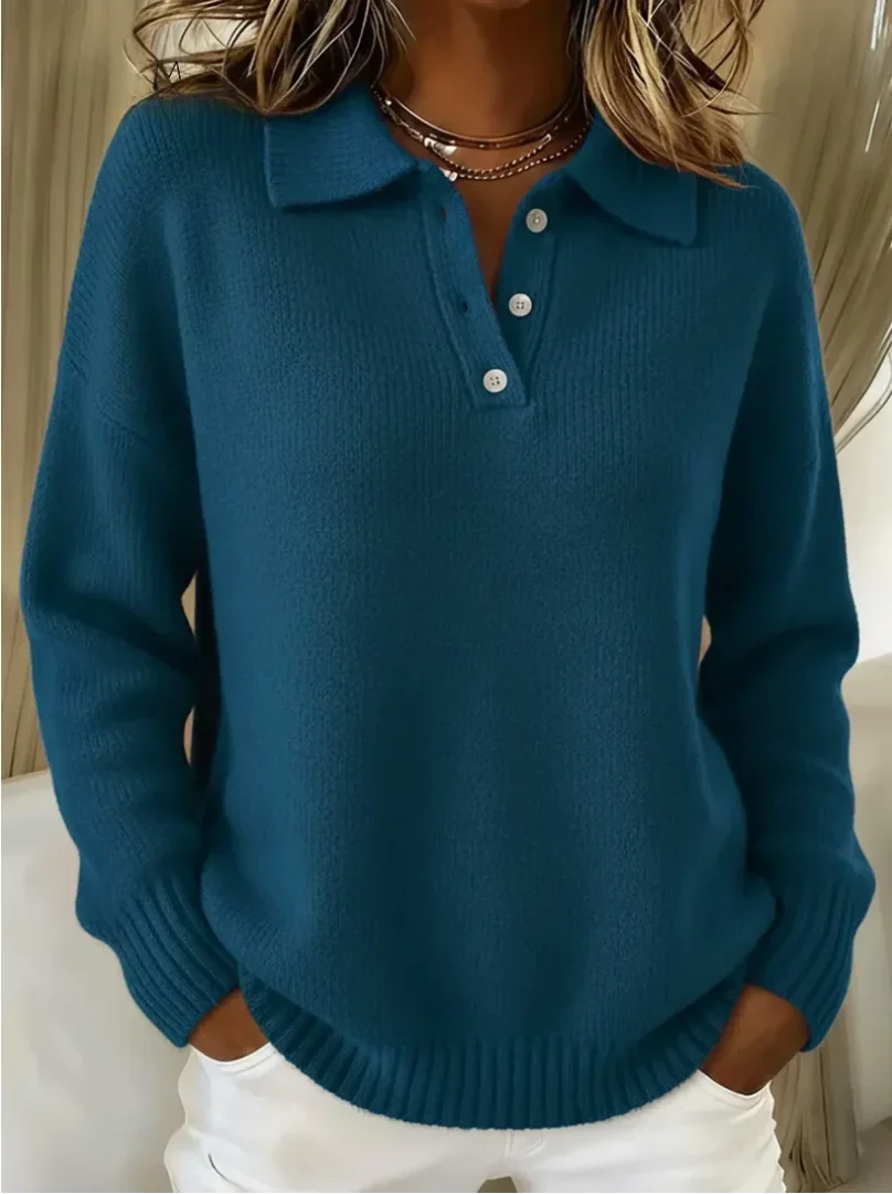 Women's relaxed-fit long-sleeve polo knit sweater with button placket – Blue