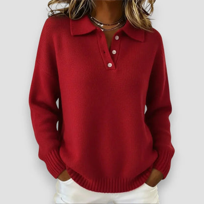 Women's relaxed-fit long-sleeve polo knit sweater with button placket