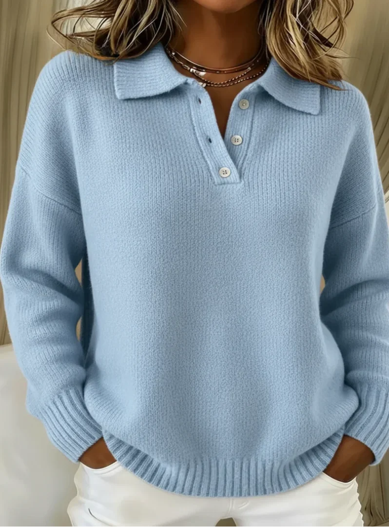 Women's relaxed-fit long-sleeve polo knit sweater with button placket – Light Blue
