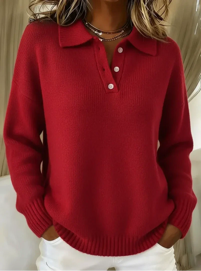 Women's relaxed-fit long-sleeve polo knit sweater with button placket – Red