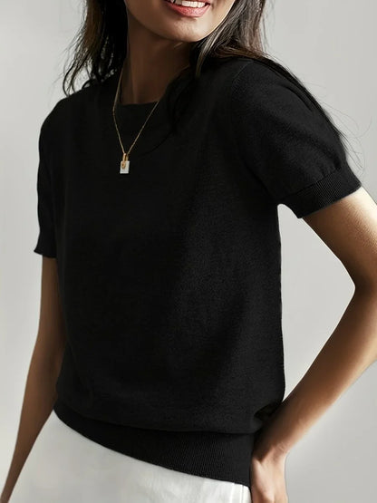 Women's relaxed-fit short-sleeve knit sweater top – Black