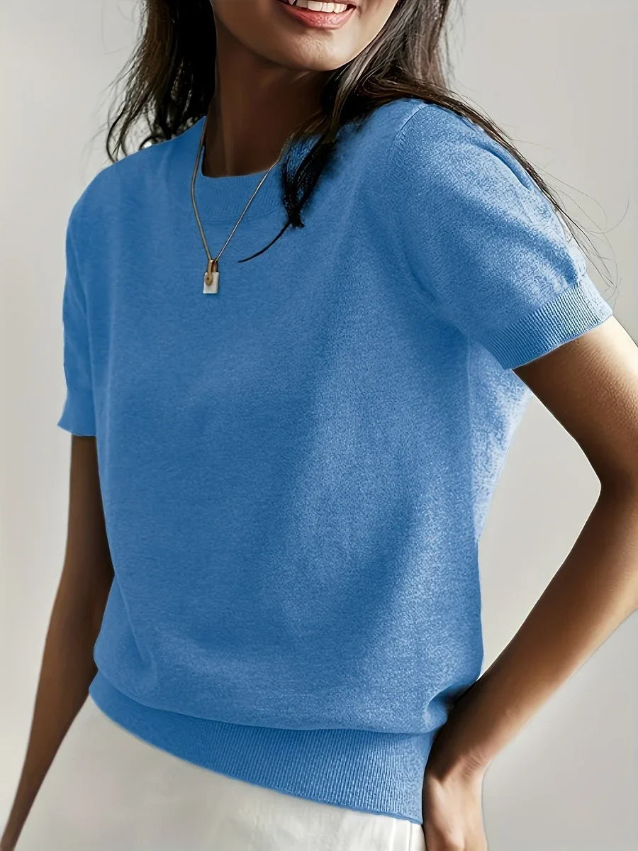 Women's relaxed-fit short-sleeve knit sweater top – Blue