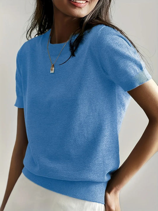 Women's relaxed-fit short-sleeve knit sweater top – Blue