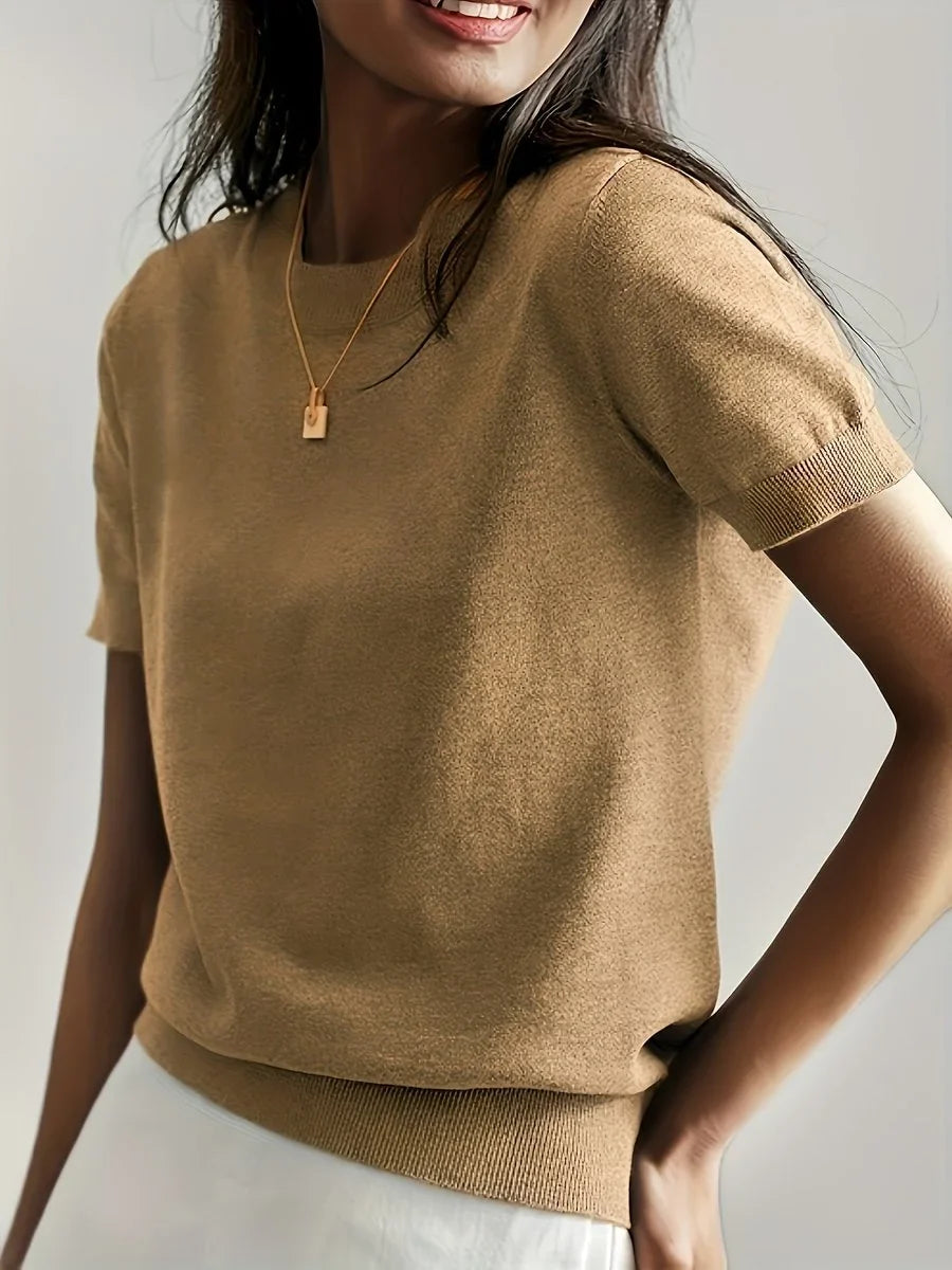 Women's relaxed-fit short-sleeve knit sweater top – Earth Tan