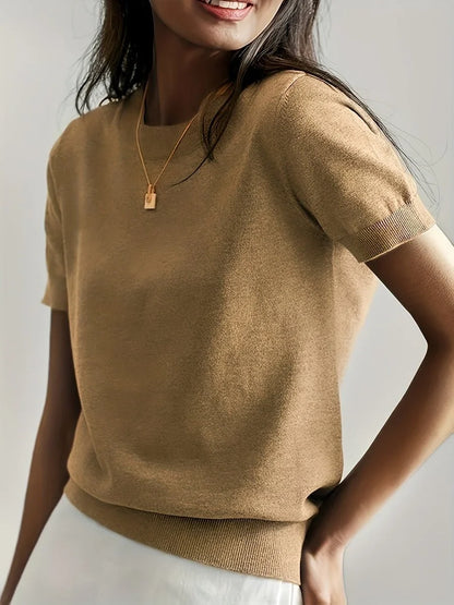 Women's relaxed-fit short-sleeve knit sweater top – Earth Tan