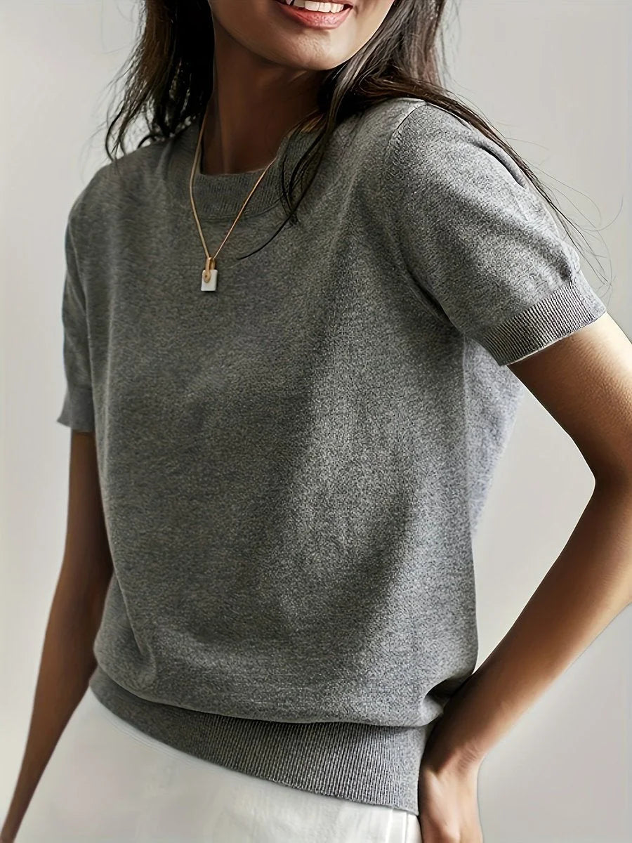 Women's relaxed-fit short-sleeve knit sweater top – Gray