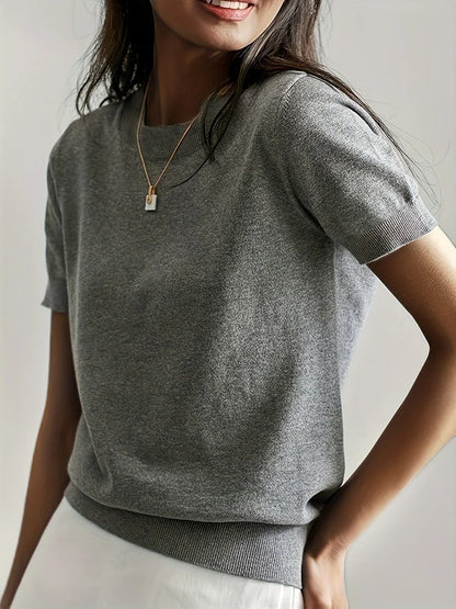Women's relaxed-fit short-sleeve knit sweater top – Gray
