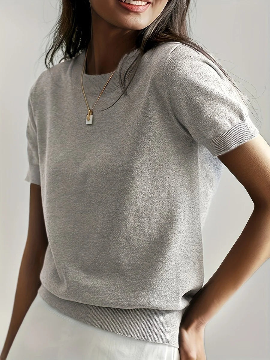 Women's relaxed-fit short-sleeve knit sweater top – Light Gray