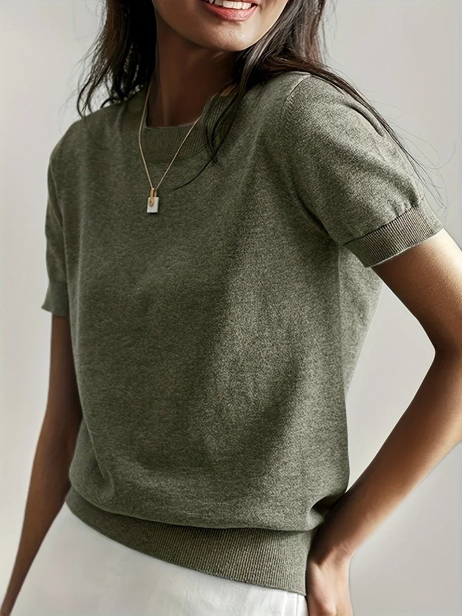 Women's relaxed-fit short-sleeve knit sweater top – Olive