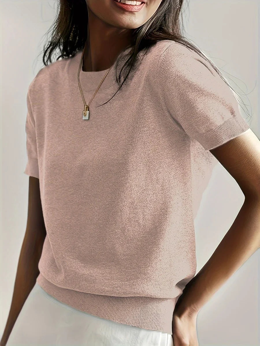 Women's relaxed-fit short-sleeve knit sweater top – Peach