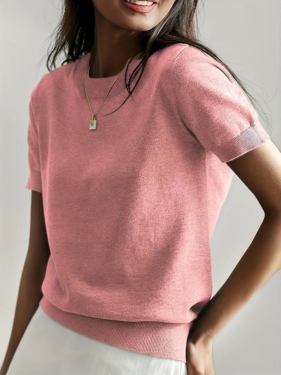 Women's relaxed-fit short-sleeve knit sweater top – Pink