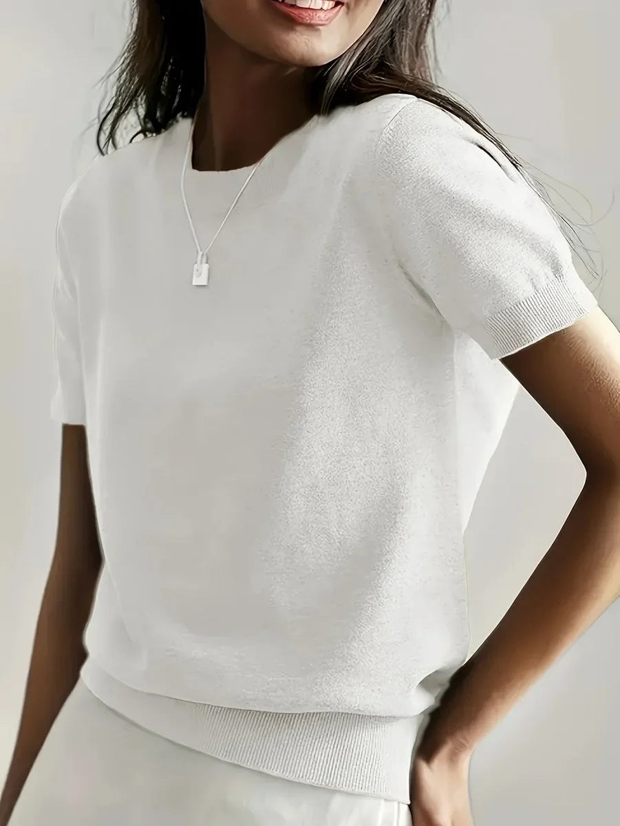 Women's relaxed-fit short-sleeve knit sweater top – White