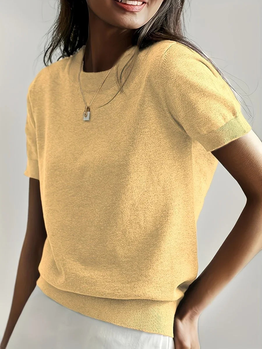 Women's relaxed-fit short-sleeve knit sweater top – Yellow