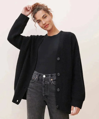 Women's relaxed-fit V-neck cashmere button-front cardigan – Black