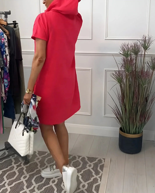 Women's relaxed hoodie mini dress with short-sleeve and side pockets