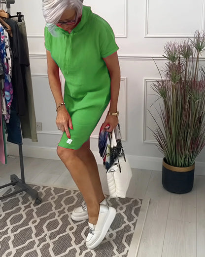 Women's relaxed hoodie mini dress with short-sleeve and side pockets