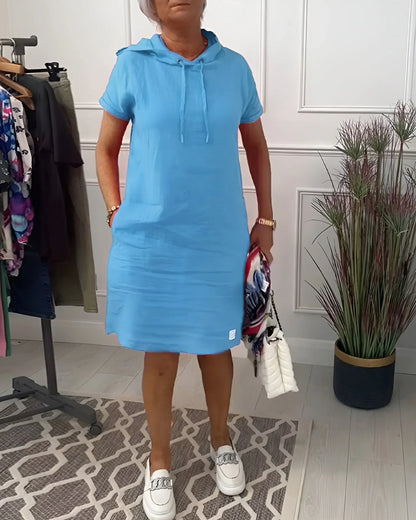 Women's relaxed hoodie mini dress with short-sleeve and side pockets
