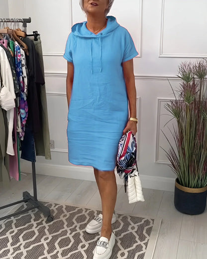 Women's relaxed hoodie mini dress with short-sleeve and side pockets – Blue (almost sold out)