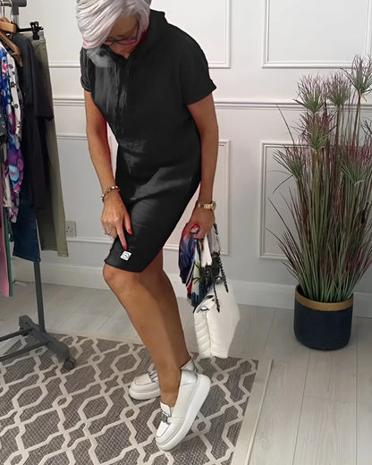 Women's relaxed hoodie mini dress with short-sleeve and side pockets