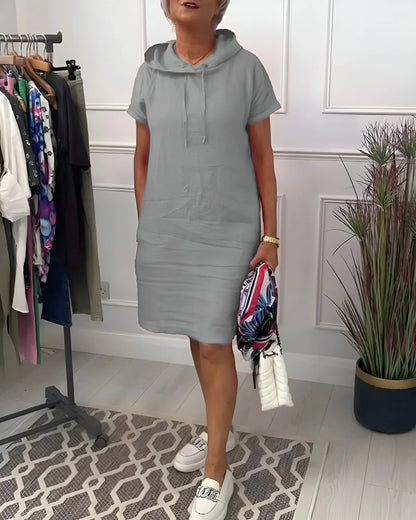 Women's relaxed hoodie mini dress with short-sleeve and side pockets – Grey