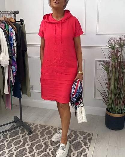 Women's relaxed hoodie mini dress with short-sleeve and side pockets – Red (almost sold out)