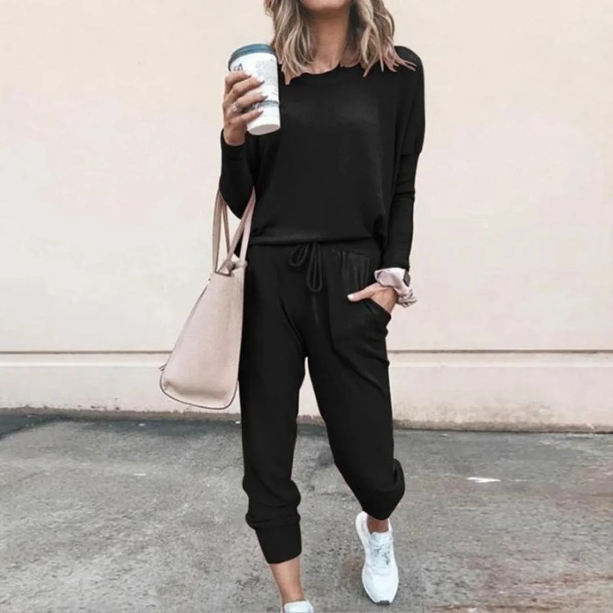 Women's relaxed knit jogger lounge set with long sleeve crew neck top and drawstring waist – Black