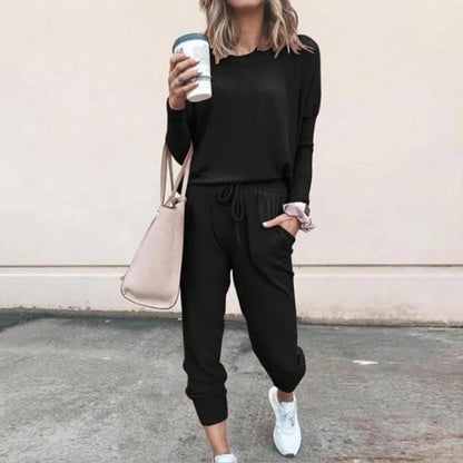 Women's relaxed knit jogger lounge set with long sleeve crew neck top and drawstring waist – Black